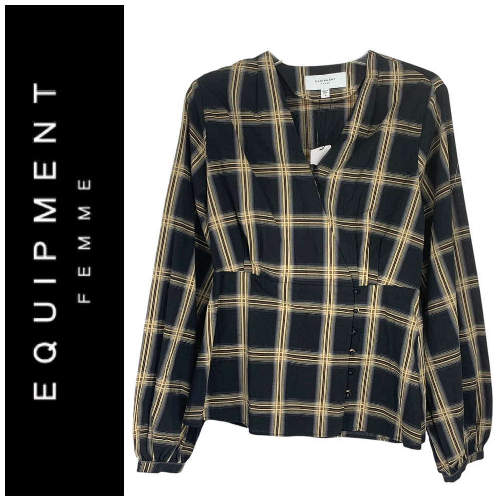 NEW Equipment Femme Sz S Black Plaid Surplice Corset Peplum Top Blouse Shirt